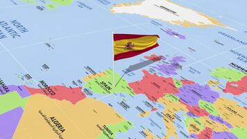 España bandera ondulación en viento, mundo mapa giratorio alrededor bandera, sin costura bucle, 3d representación video