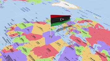 Libia bandera ondulación en viento, mundo mapa giratorio alrededor bandera, sin costura bucle, 3d representación video