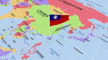 Taiwan Flag Waving in Wind, World Map Rotating around Flag, Seamless Loop, 3D Rendering video