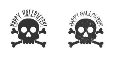 Grunge skull icon with happy halloween text. Flat vector illustration.