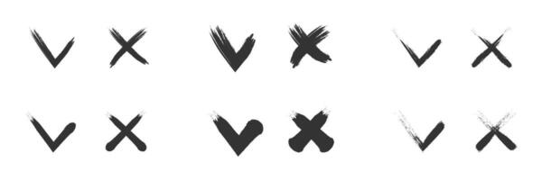 Set of checkmarks and cross signs. Check marks drawn with a brush. Vector illustration.