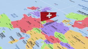 Switzerland Flag Waving in Wind, World Map Rotating around Flag, Seamless Loop, 3D Rendering video