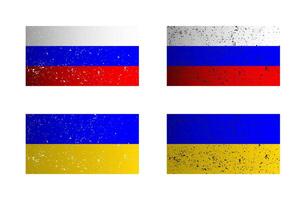 Russian and Ukraine flags isolated on white background. Scratched texture. Vector illustration.