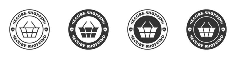 Secure shopping icon set. Round badges with basket and lettering. Vector illustration.