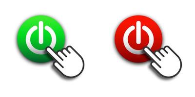 Finger touching on power button. Red and green button with shadows and finger icon pointing on it. Vector illustration.