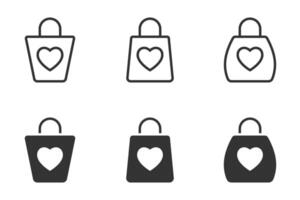 Set of shopping bag icon with heart symbol. Vector illustration.