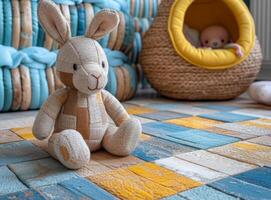 AI generated Toy rabbit sits on multi-colored carpet in children's room photo