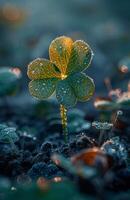 AI generated Green clover is covered with dew drops photo