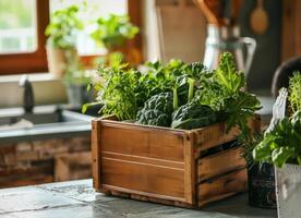 AI generated Fresh green vegetables and herbs on kitchen counter photo