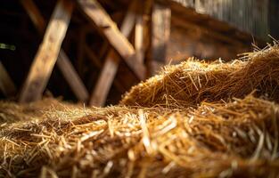AI generated Hay bales stacked in barn. A pile of hay in the barn photo