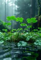 AI generated Beautiful ferns and lily pads in swamp in the rainforest photo