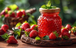 ai generado fresa mermelada en vaso tarro y Fresco fresas en de madera mesa foto