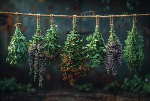 AI generated Fresh herbs and flowers hanging to dry in the garden. Natural medicine photo