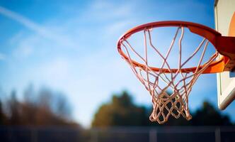 ai generado baloncesto aro y red con azul cielo en el antecedentes foto