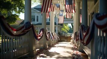 AI generated Patriotic decor on front porch. independence day usa celebration with july 4th theme photo