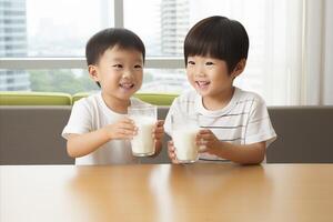 AI generated Happy asian children drinking fresh milk happily - copy space available for text and advertising photo