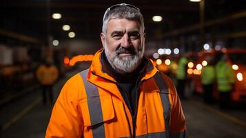 AI generated Smiling male worker standing in warehouse and looking at camera with a confident expression photo