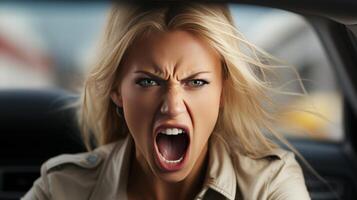 AI generated Furious woman driving car on white background with copy space, road rage concept photo