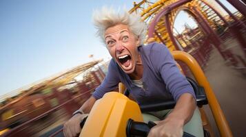 AI generated Active senior woman smiling and enjoying a thrilling roller coaster ride with copy space for text photo