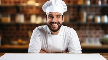 ai generado profesional cocinero Cocinando en moderno cocina con borroso blanco antecedentes y Copiar espacio para texto foto