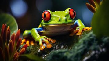 AI generated Red-eyed treefrog agalychnis callidryas in lush rainforest natural habitat with space for text photo