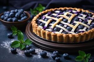 AI generated Delicious blueberry pie bursting with juicy blueberries for restaurant menu with space for text photo