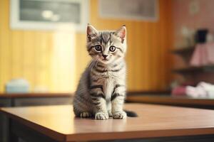 AI generated Adorable striped tabby kitten sitting on table, looking at camera with space for text photo