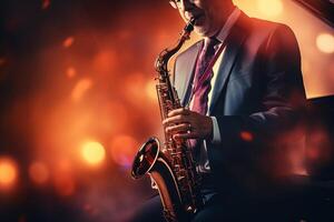 AI generated Saxophonist performing at world jazz festival. Musical concept with copy space for text. photo