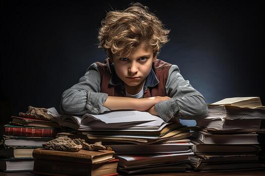 AI generated Stressed young boy sitting at desk and struggling to complete his difficult homework photo