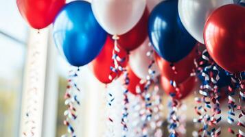 ai generado americano banderas globos y festivo decoraciones en todo casa para independencia día Estados Unidos julio 4 4 foto