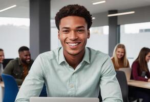 AI Generated Man in a light green shirt with a bright smile, using a laptop in the office. Cheerful and dynamic. photo