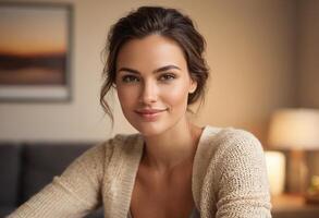 AI Generated A relaxed woman at home sitting comfortably, her posture and environment suggesting leisure and contentment. photo