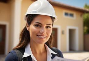 AI Generated A construction worker in a hard hat stands confidently with blueprints outside a home under construction. photo