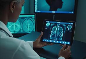 AI Generated A health professional analyzes medical scans on digital screens. The advanced equipment suggests a modern medical setting. photo