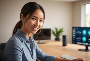 AI Generated Friendly woman smiles as she uses a desktop computer in a bright office. Her approachability and work setting are highlighted. photo