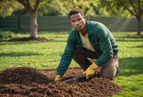 AI Generated A man kneels to plant in rich garden soil, engaging in sustainable gardening practices. photo