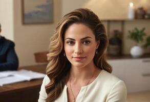 AI Generated A professional woman leads a meeting, her expression showing confidence and leadership in a corporate setting. photo