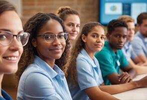 AI Generated A diverse group of students listens attentively in a classroom setting, showcasing engagement and interest. photo