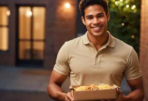 ai generado un entrega chico sonrisas como él sostiene un pizza, Listo a entregar un caliente comida a un clientes puerta. foto