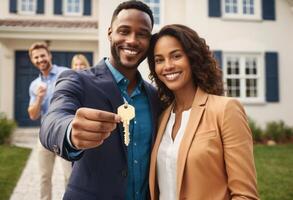 AI Generated A cheerful couple holds up keys to their new house, their excitement and pride in homeownership evident. photo