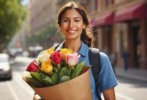 ai generado un estudiante camina en un ciudad calle participación un vibrante ramo de flores de flores, posiblemente un regalo o un compra para hogar. foto