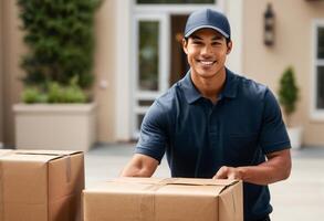 AI Generated A smiling delivery man in uniform carries cardboard boxes, likely providing a courier service. photo