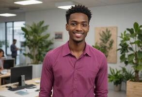 AI Generated Man in casual pink shirt standing in office. Relaxed yet professional business atmosphere. photo