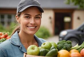 ai generado un sonriente mujer sostiene un caja de Fresco vegetales fuera de su casa, ilustrando sano viviendo. foto