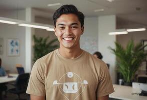 AI Generated A happy young professional wearing a beige t-shirt stands in a bright office. His joyful expression and casual attire signal a relaxed yet productive workplace. photo
