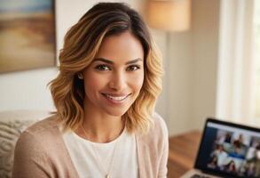 AI Generated A smiling professional woman engages in a discussion, her attentiveness and positive demeanor enhancing the conversation. photo