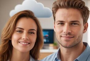 AI Generated A couple stands together with cloud symbols overhead, representing their use of cloud computing technology. photo