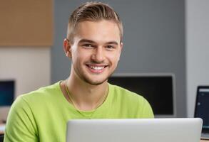 AI Generated Man in orange shirt holding a tablet with a bright smile. Lively and modern office environment. photo