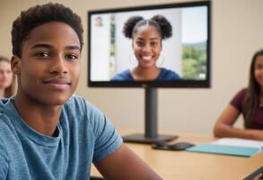 ai generado un joven chico sonrisas mientras utilizando un tableta a hogar, sugerencia compromiso con tecnología o distancia aprendiendo. foto