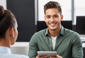 AI Generated A man in a green shirt using a tablet during a business meeting, portraying engagement and professionalism. photo